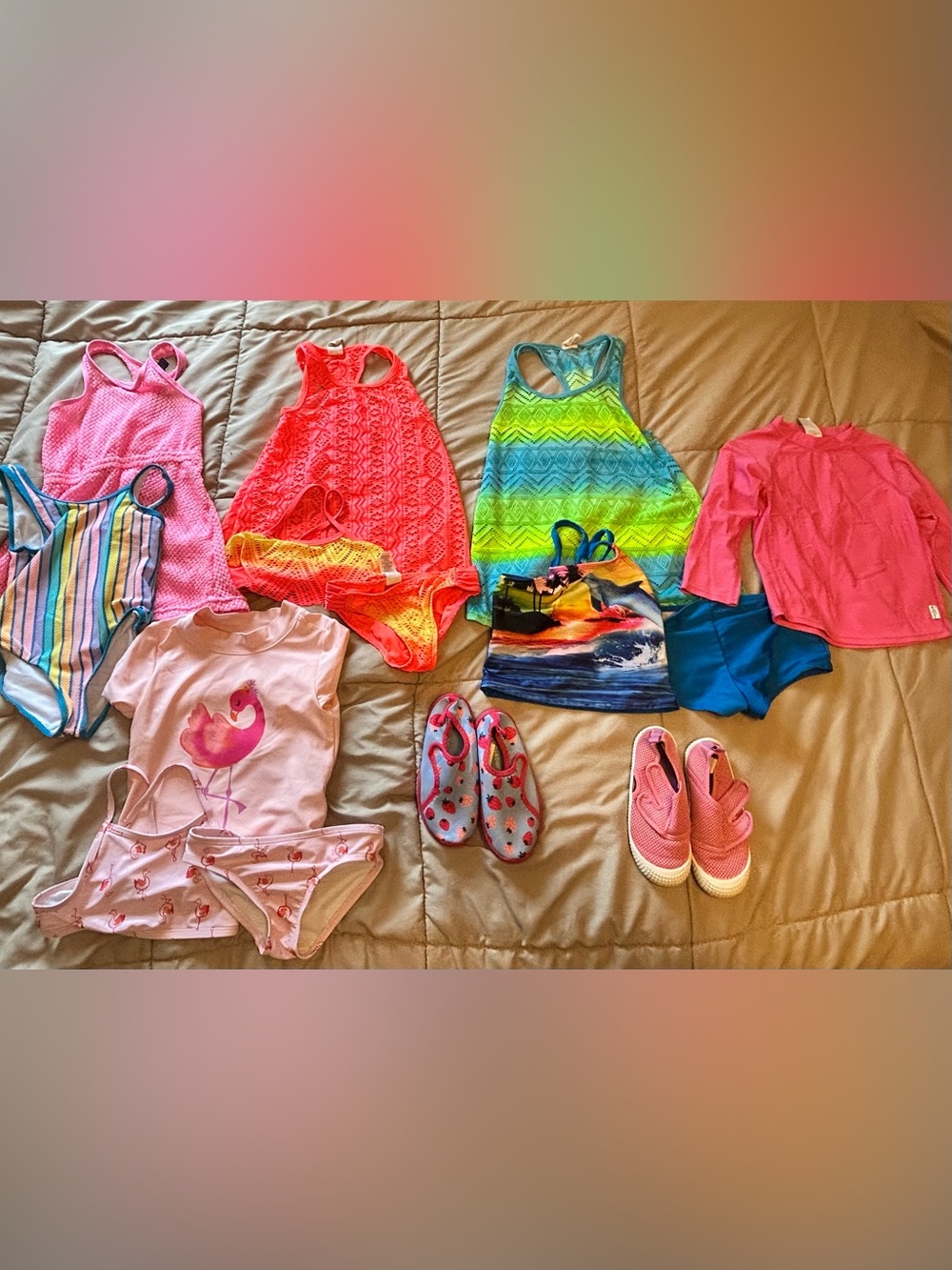 Size 4/5 Girls Mixed Swimwear Lot - 4 swim suit sets , 2 water shoes